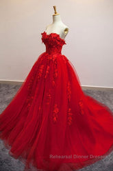 Sweetheart Neck Red Lace Floral Long Semi Formal Prom Dresses, Red Lace Formal Evening Dresses, Red Ball Gown